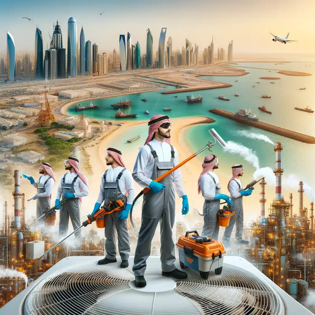 DALL·E 2024 02 27 11.23.45 A professional team cleaning an air conditioner in Dammam and the Eastern Province highlighting the coastal and industrial environment. The team is u