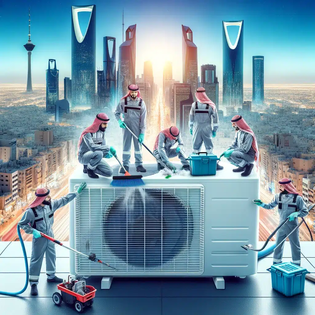 DALL·E 2024 02 27 11.25.32 A professional team cleaning an air conditioner in Riyadh with its modern urban landscape. The team is using advanced tools and wearing uniforms that